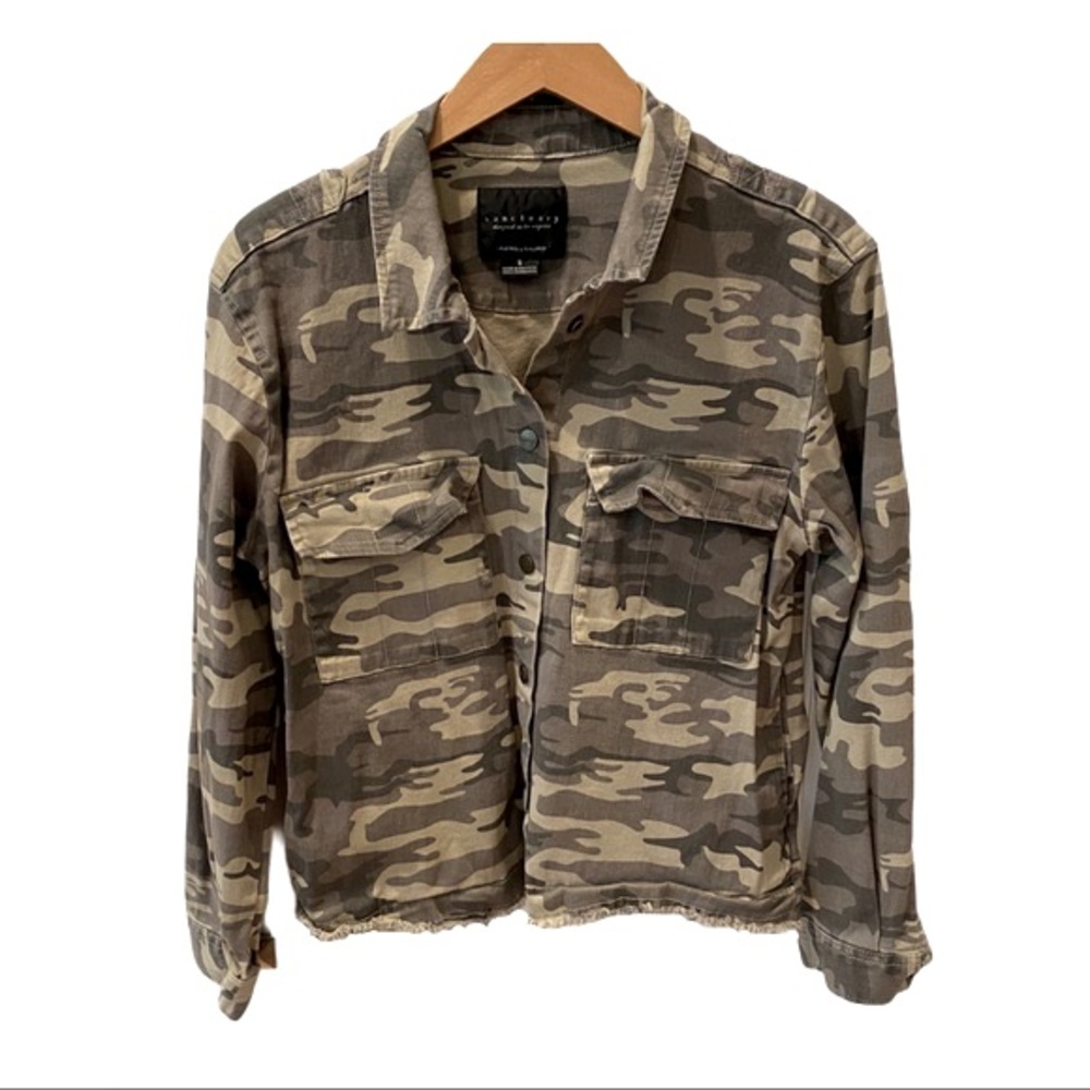 Sanctuary Camouflage Raw Hem Jean Jacket Camo Green S Anthropologie Military